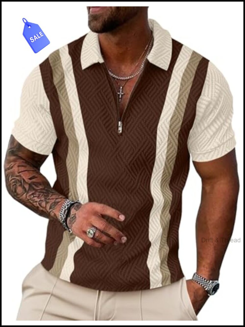 Men's Quarter Zip Polo Shirt Short Sleeve 3D Jacquard Slim Fit Golf Casual